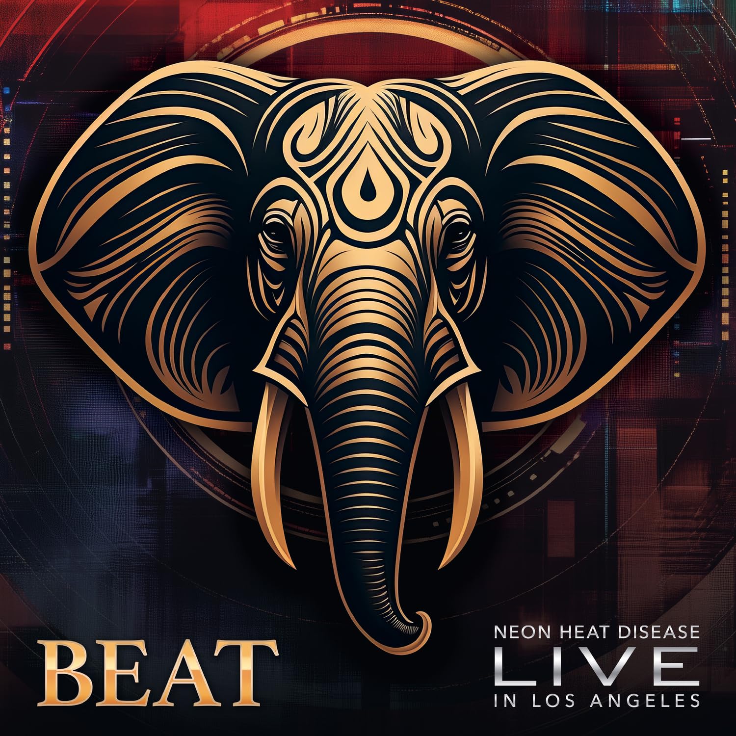Vinyl record of "BEAT - Live" with golden elephant artwork on a red background.