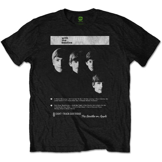 Black t-shirt with a graphic of The Beatles’ “With The Beatles” 8-track.