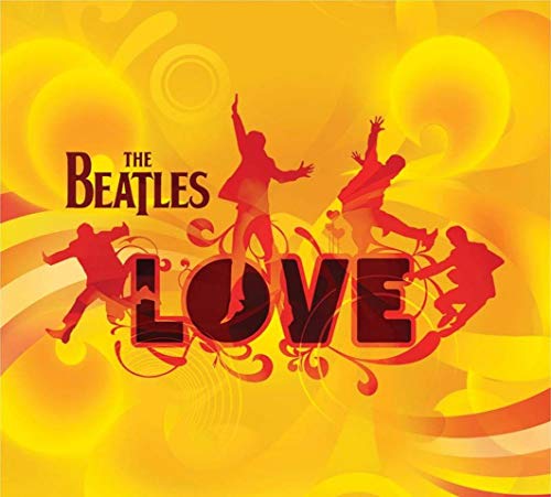 The Beatles “Love” album cover with silhouettes and orange swirls.