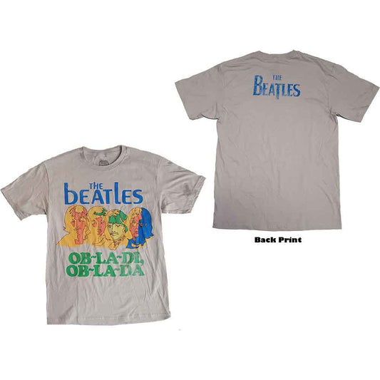 Grey t-shirt with colorful cartoon portraits of The Beatles and song lyrics.