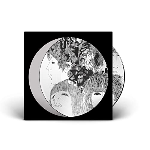 Black and white illustrated Beatles Revolver album art on a circular vinyl record.