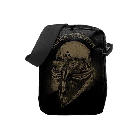 Black canvas rucksack featuring a Black Sabbath skull graphic with goggles and breathing apparatus.
