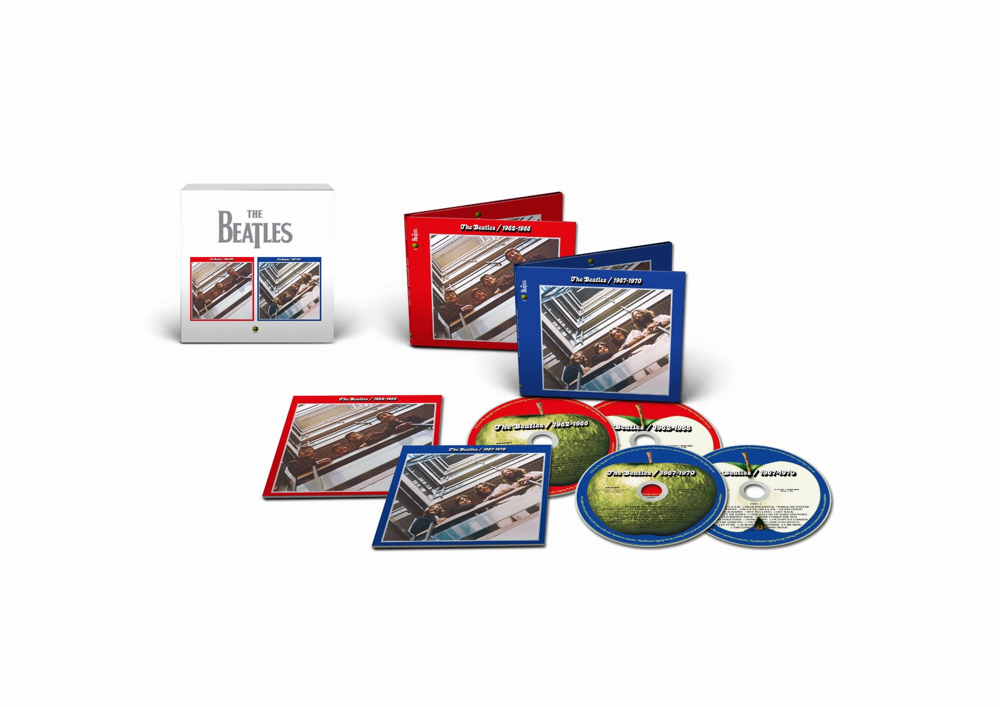 The Beatles 4CD box set with red, blue, and green packaging.