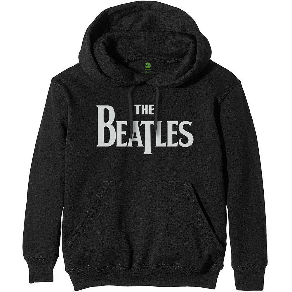 Black hooded sweatshirt with white The Beatles logo printed on the front.