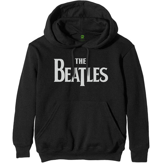 Black hooded sweatshirt with white The Beatles logo printed on the front.