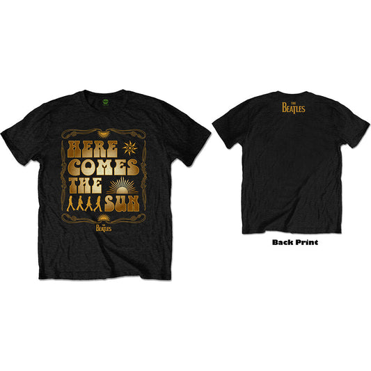 Black Beatles t-shirt with gold “Here Comes The Sun” graphic.
