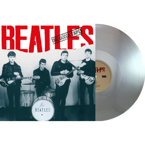 The Beatles' "Decca Tapes" vinyl record cover and a translucent vinyl disc.