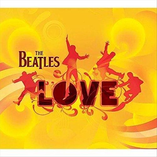 The Beatles Love vinyl album cover with red silhouettes on a yellow background.