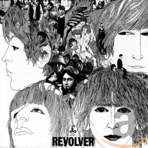 Black and white album cover for The Beatles’ “Revolver” with portraits.