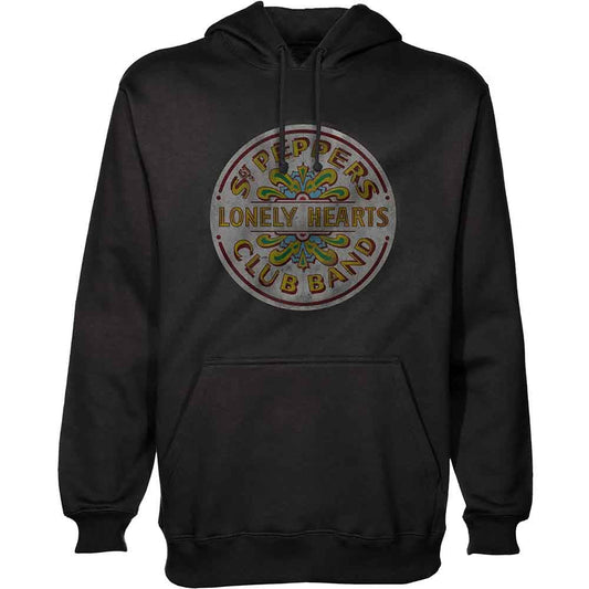 Black Beatles hoodie with colorful Sgt. Pepper's Lonely Hearts Club Band logo.