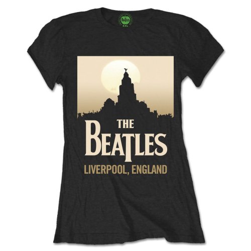 Black Beatles t-shirt with Liverpool skyline graphic, worn by a model.