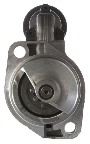 Silver automotive starter motor with black plastic components, isolated on white.