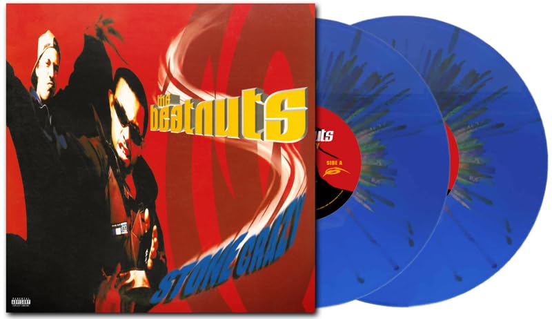 The Beatnuts Stone Crazy album cover next to two blue splatter vinyl records.
