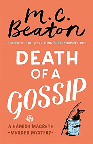Book cover for Death of a Gossip by M.C. Beaton with a fishing bucket.