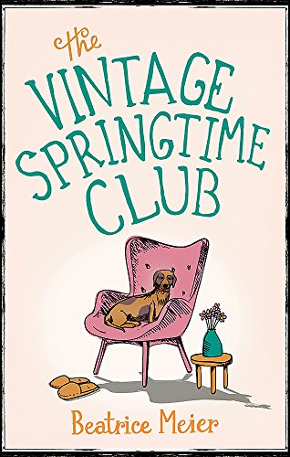 Book cover with a dog in a pink chair and flowers.