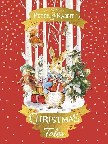 Peter Rabbit and friends celebrate Christmas with gifts and snowy trees.