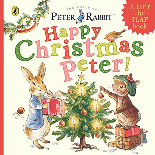 Peter Rabbit Christmas book cover with Peter, robin, and tree.