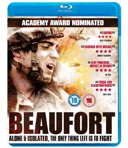 Blu-ray cover for the film Beaufort featuring a soldier's face and helicopters.