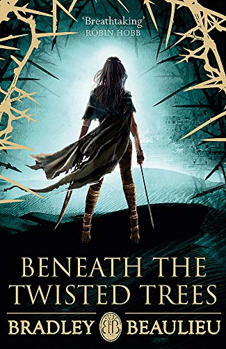 Book cover: woman with swords stands beneath twisted, thorny trees.