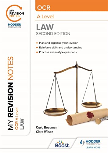 Orange and white "My Revision Notes: OCR A Level Law" textbook with scales.