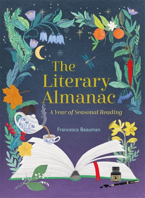Book cover with floral illustrations, open book, and teacup details.