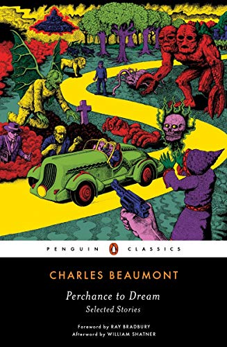 "Book cover with surreal illustration of a green car and fantastical creatures on a yellow road."