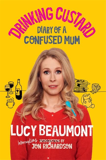 Book cover with a woman, doodles, and the title "Drinking Custard.