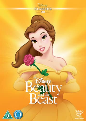Beauty and the Beast" DVD cover featuring Belle holding a pink rose.