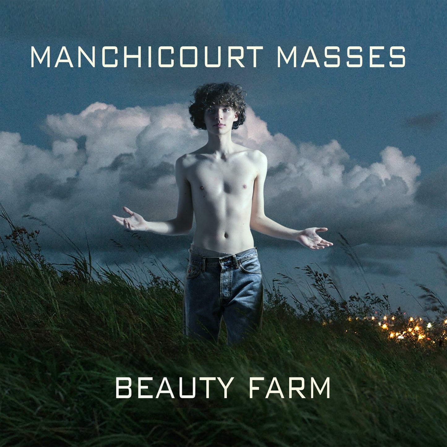 CD cover: shirtless young man in a field under cloudy skies.