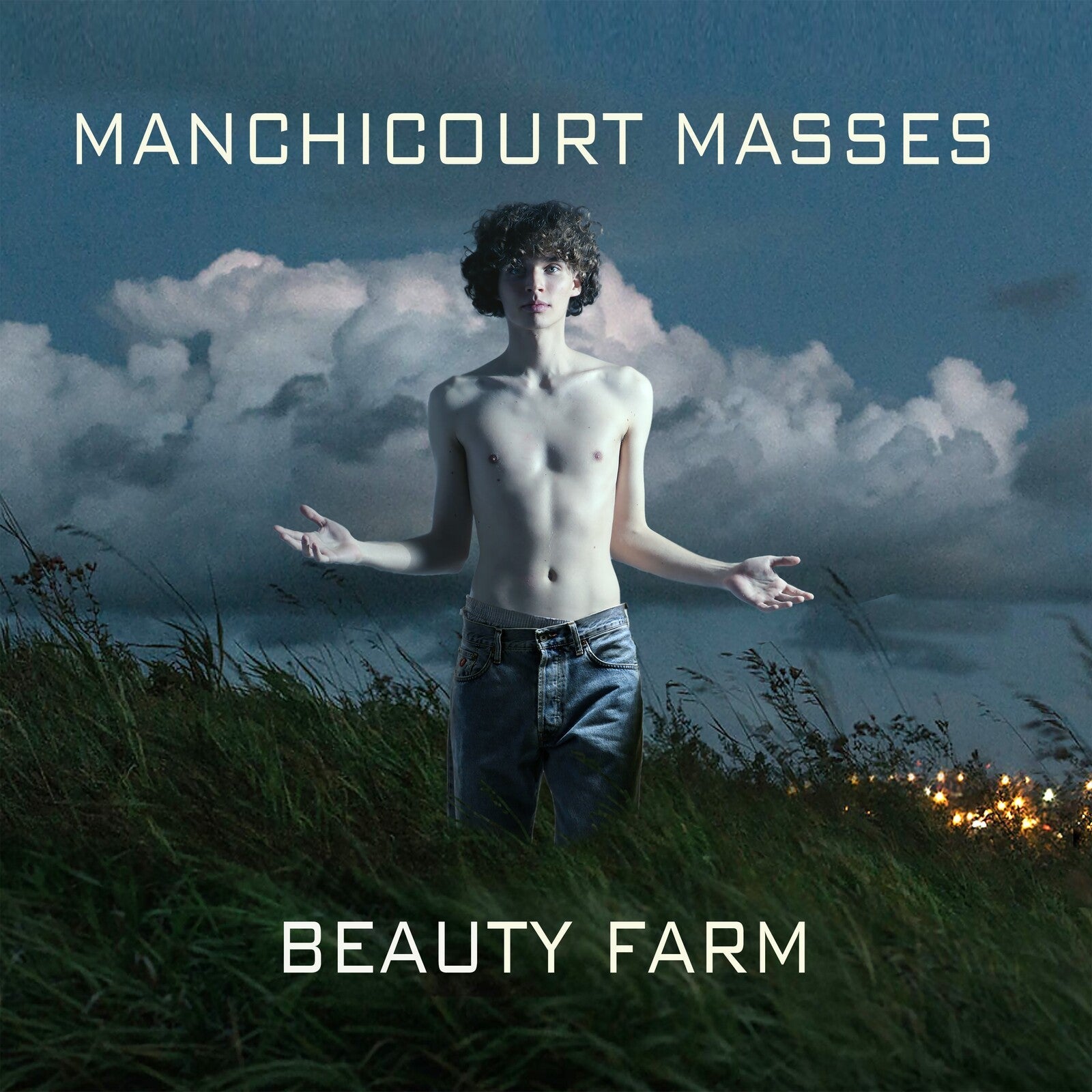 CD cover: shirtless young man in a field under cloudy skies.