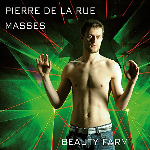 Shirtless man with hands raised against a background of green and red laser beams.