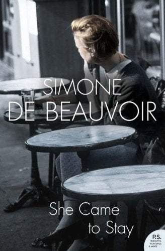 Book cover: woman seated at a cafe table, title "She Came to Stay".