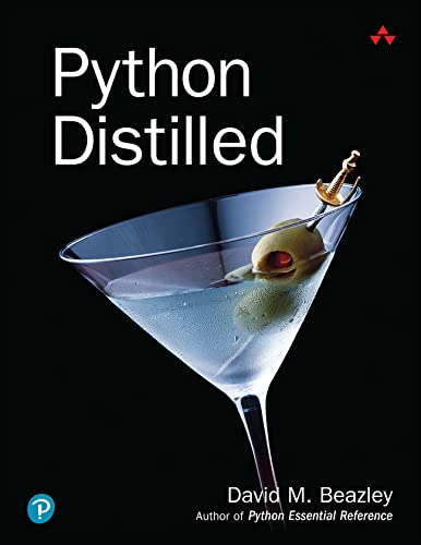 Book cover: "Python Distilled" with a martini glass illustration.