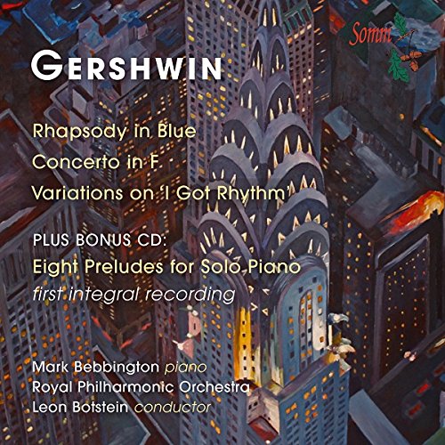 "CD cover with cityscape background, listing George Gershwin's compositions and performers' names."