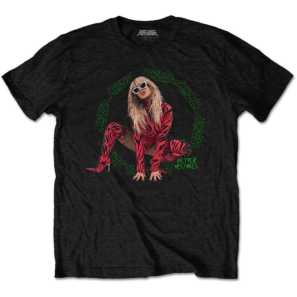 Man wearing a black Bebe Rexha Better Mistakes t-shirt with a graphic print.