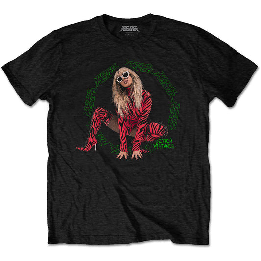 Man wearing a black Bebe Rexha Better Mistakes t-shirt with a graphic print.