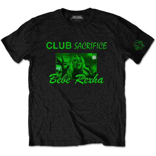 A man wearing a black t-shirt with green Club Sacrifice Bebe Rexha graphic print.