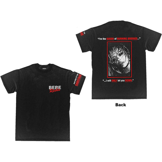A man wearing a black Bebe Rexha t-shirt with white and red logo text.