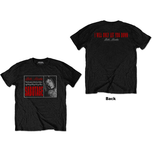 A man wearing a black Bebe Rexha Sabotage t-shirt with a graphic print.