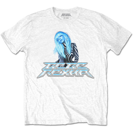 White t-shirt with a silver and blue Bebe Rexha graphic print.