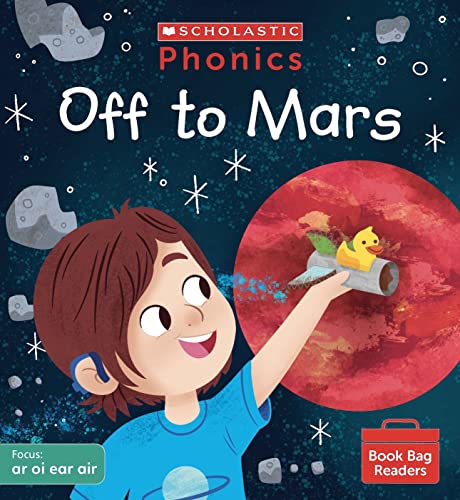 Book cover: child launching a toy rocket toward the red planet Mars.