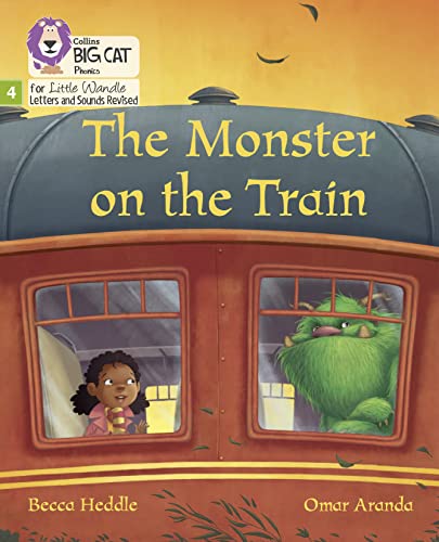 Book cover showing a girl and a green monster in train windows.