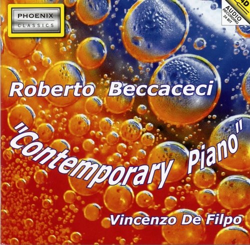 CD cover for Roberto Beccaceci’s “Contemporary Piano” with abstract bubbles.