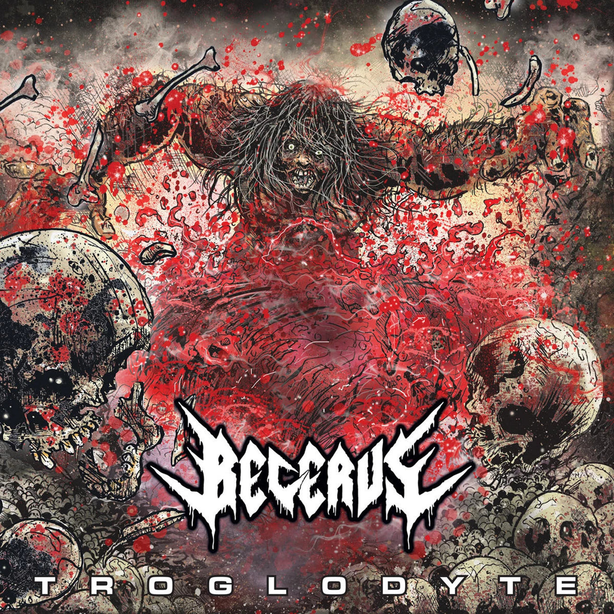 CD cover for "Troglodyte" by Becerus, featuring a monstrous figure and skulls.