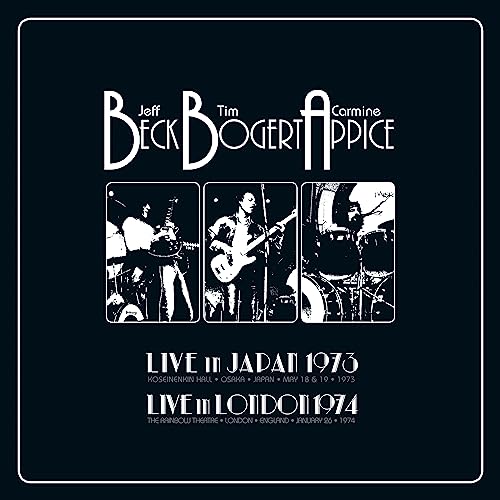 Beck, Bogert & Appice live album cover with band photos from 1973-74.