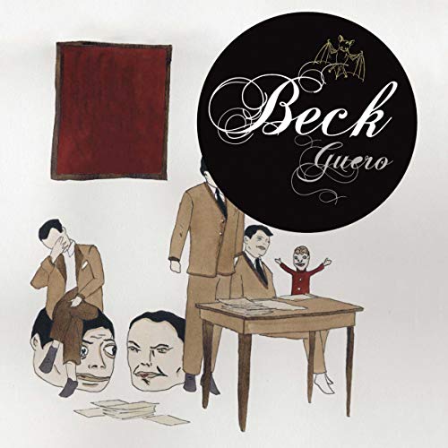 Album cover with surreal illustrations of men in suits, giant heads, and a desk.