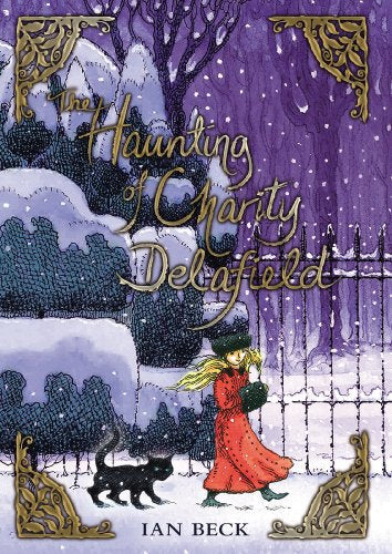 Book cover: girl in red walks a black cat in snowy landscape.