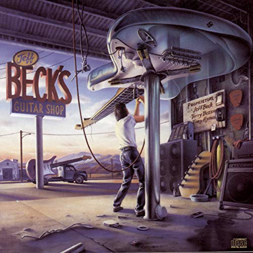 CD cover for Jeff Beck’s “Guitar Shop” featuring a man and guitar parts.