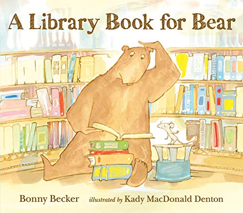 Bear reading in a library with a mouse, illustrated children’s book cover.