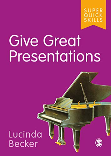 Book cover with title "Give Great Presentations" and a grand piano.